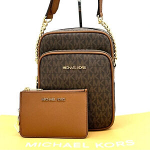 Michael Kors Medium NS Chain Xbody Bag & Small TZ Coinpouch w/ID Brown/Gold